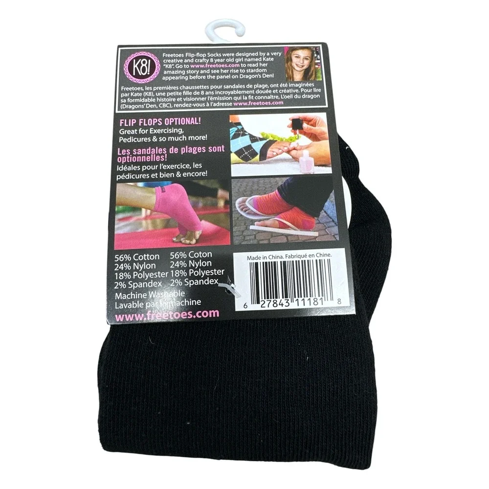 Freetoes Black Toeless Flip Flop Socks Pedicure Yoga Open Toe Cotton Blend NWT